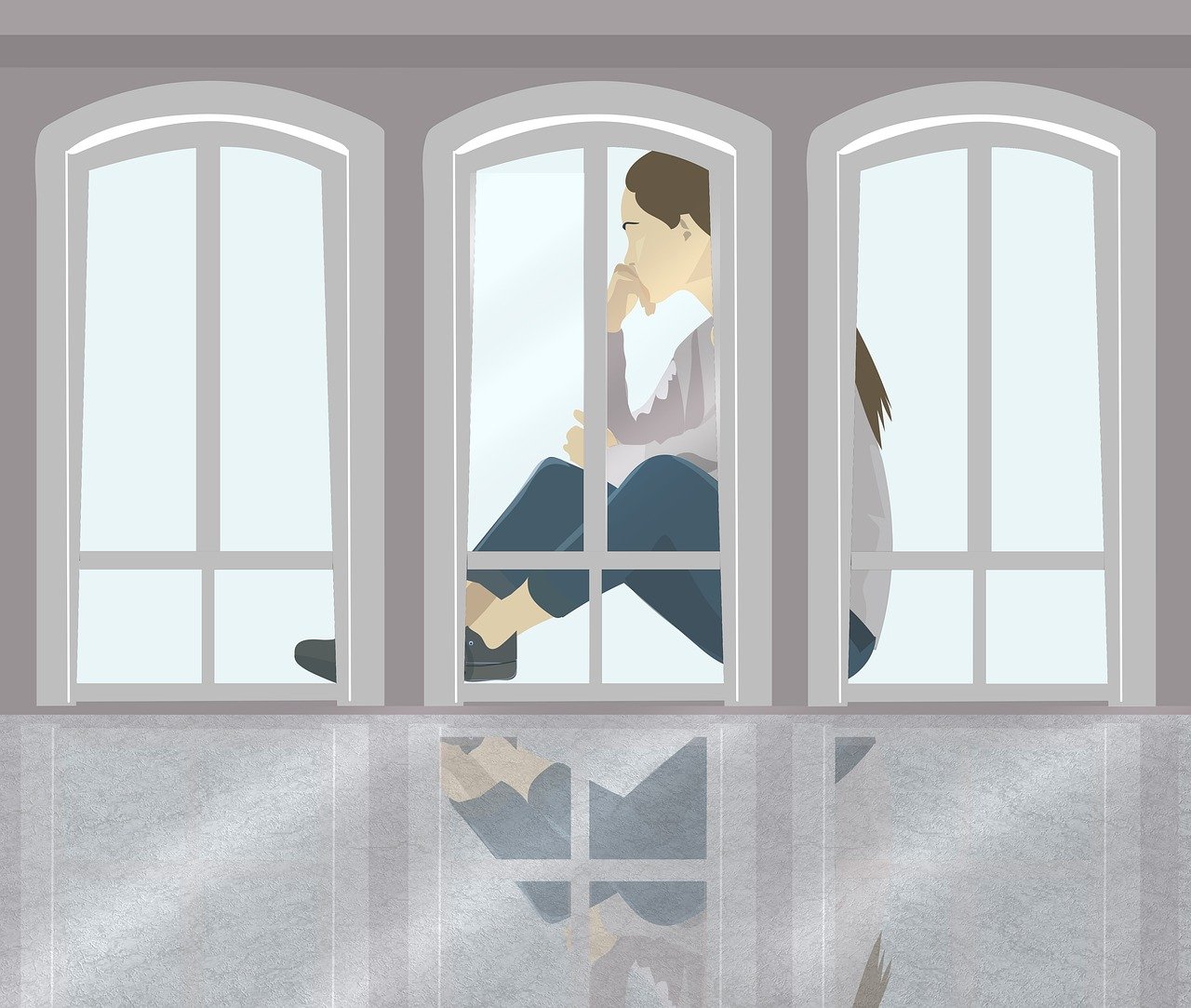 Depression / Frau traurig hinter einem Fenster sitzend